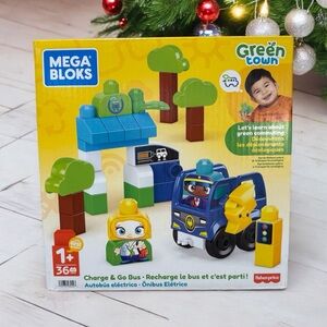 NEW Fisher-Price Mega Bloks, Toddler Building Blocks, Green Town Charge & Go Bus